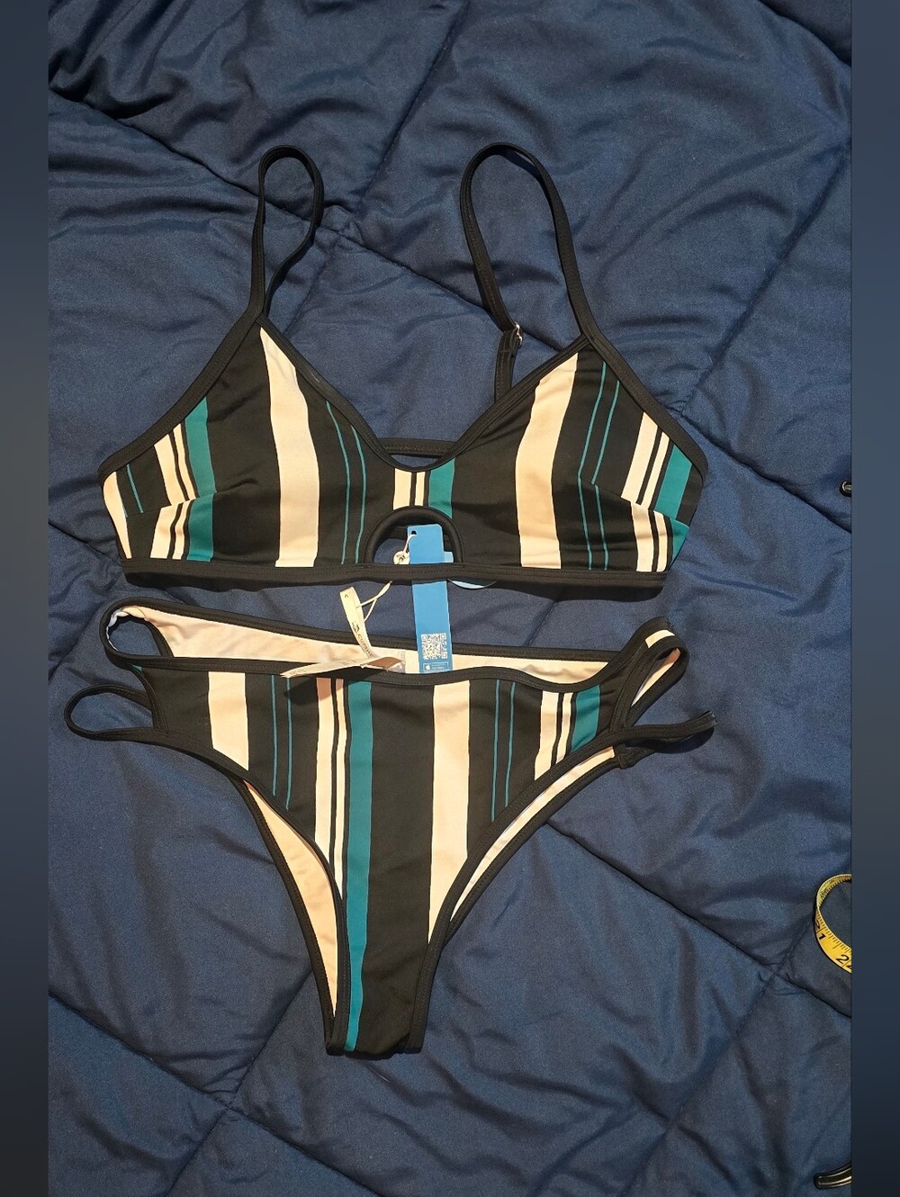 NWT Cupshe Black, Teal & White Striped Bikini Set